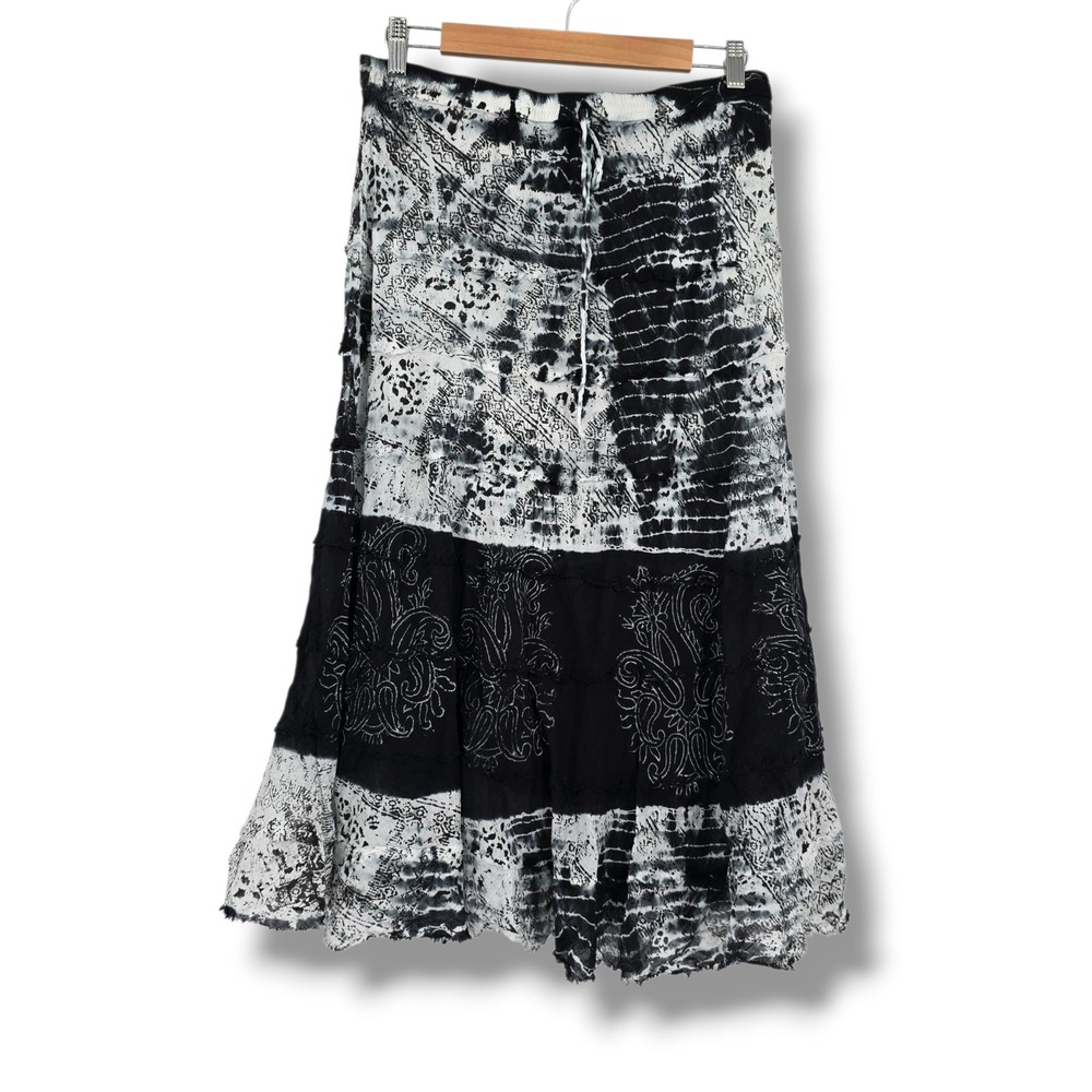 Metrowear Womens Large Black White Tie Dye Paisley Tiered Cotton Maxi Skirt Boho